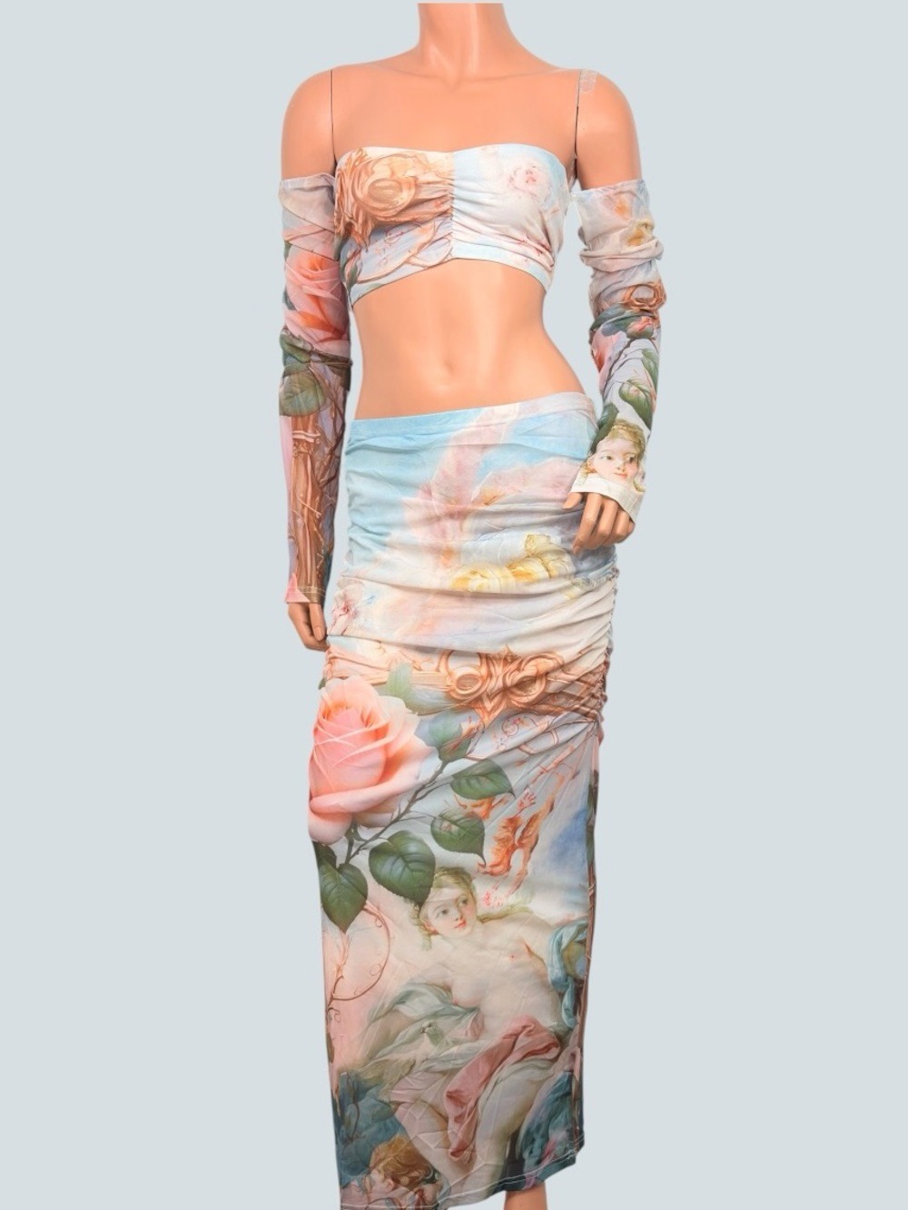 NWT Endless Moon La Vie en Rose Cherub Crop Top Skirt Set M Y2K Ethereal Goth - Picture 3 of 12